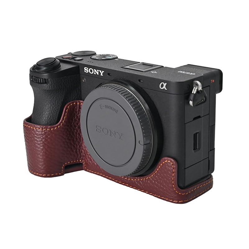 BMAOLLONGB A6700 Case, Handmade Litchi Genuine Real Leather Half Camera Case Bag Cover for Sony Alpha A6700 Bottom Opening Version + Neck Strap