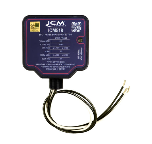 ICM Controls ICM518 Whole House Surge Protector, Type 1/2 SPD, 120/240V Split-Phase, NEMA 4X Indoor/Outdoor, UL 1449 Listed, Made in USA