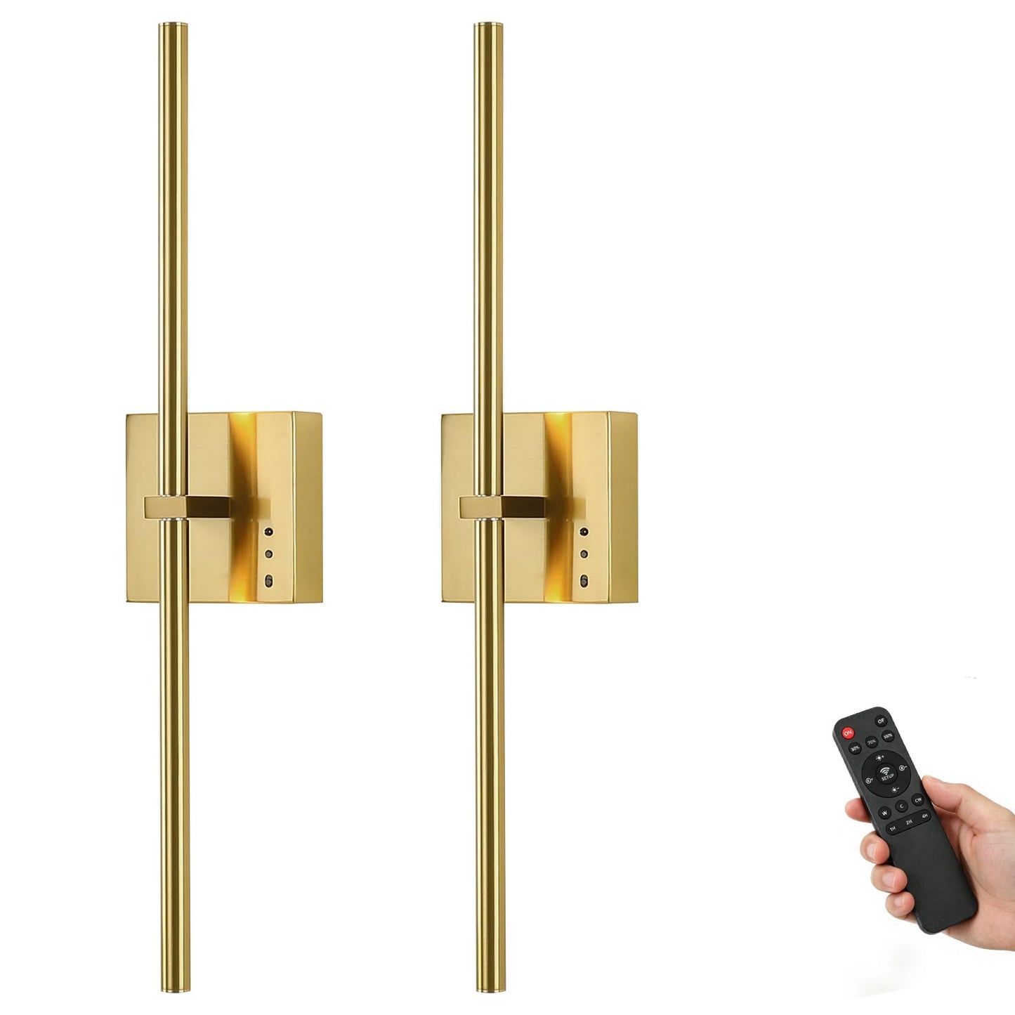 JUSHENG 5000mAh Battery Operated Wall Sconce, 3000K/4000K/6000K Dimmable Brass Cordless Rechargeable Wall Sconces Set of Two with Timer Function