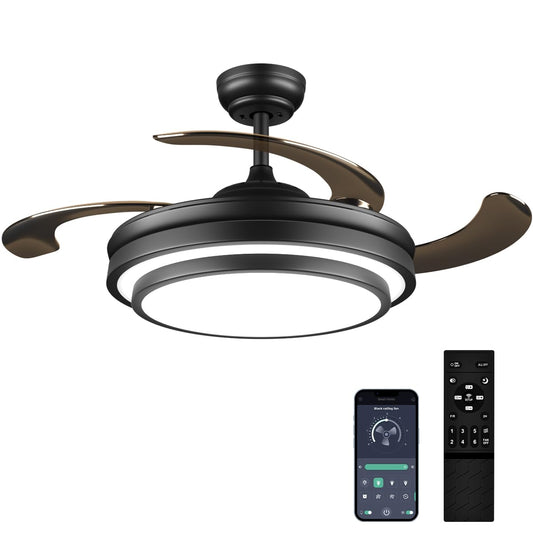 48 Inch Retractable Ceiling Fan with Lights and Remote,Black Fandelier Ceiling Fan with APP Control 6 Speed Dimmable LED Ceiling Fans Silent
