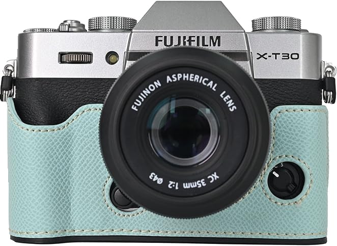 X-T30 Case, BMAOLLONGB Handmade PU Leather Half Camera Case Bag Cover Bottom Opening Version for Fujifilm X-T30 XT30 with Hand Strap (Blue)