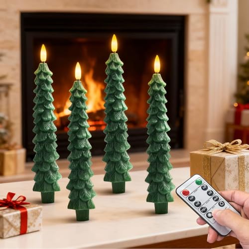 HDCooL 4PCS Christmas Tree Candles, 9.7 Inch Flameless Taper Candles with Remote and Timer, LED Battery Operated Taper Candlesticks with 3D Flickering