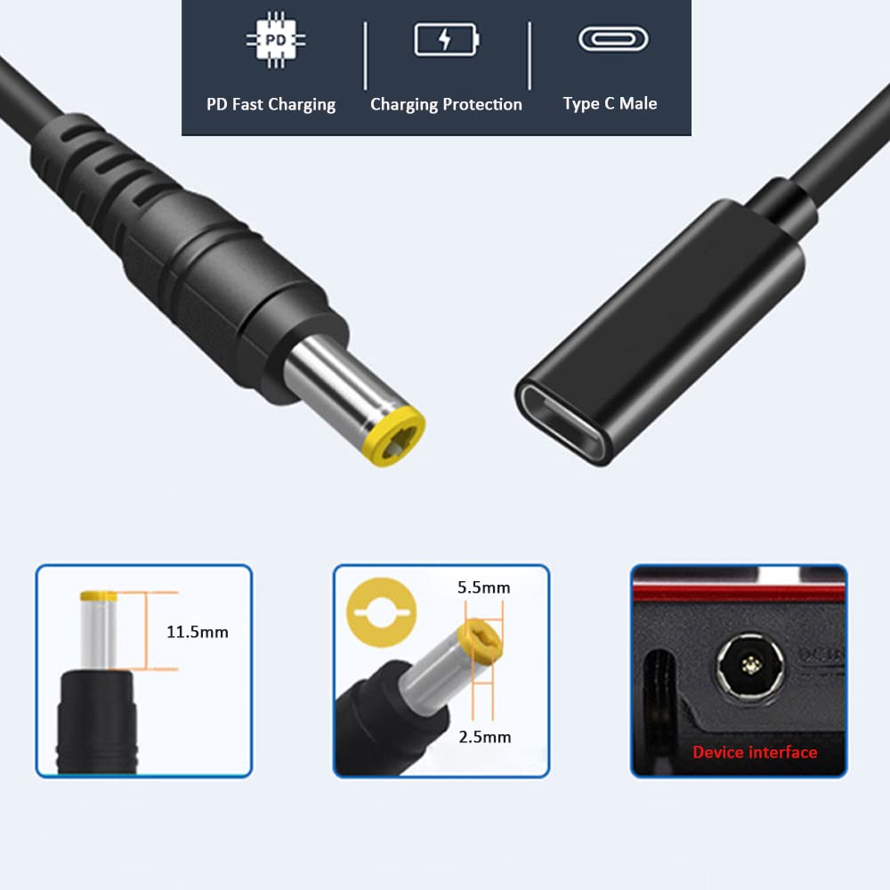 Type C USB-C Female Input to DC 5.5x2.5mm Power PD Charge Cable fit for Laptop 18-20V