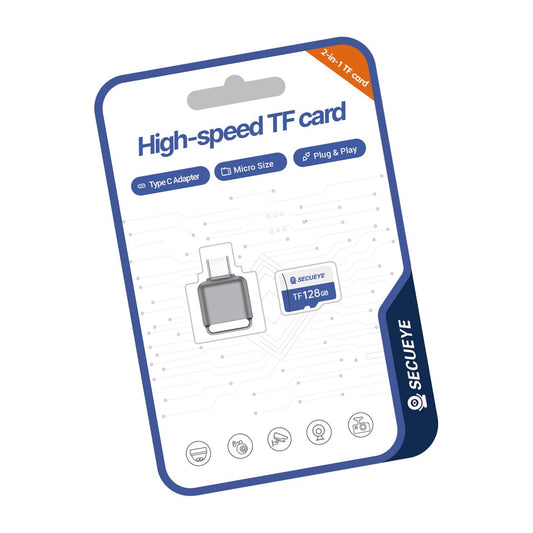 JOYNANO SECUEYE 128GB TF Memory Card with Type C Adapter, Class 10 FAT32 High Speed Reading/Writing, 24/7 Recording for Security Camera Dash Cam