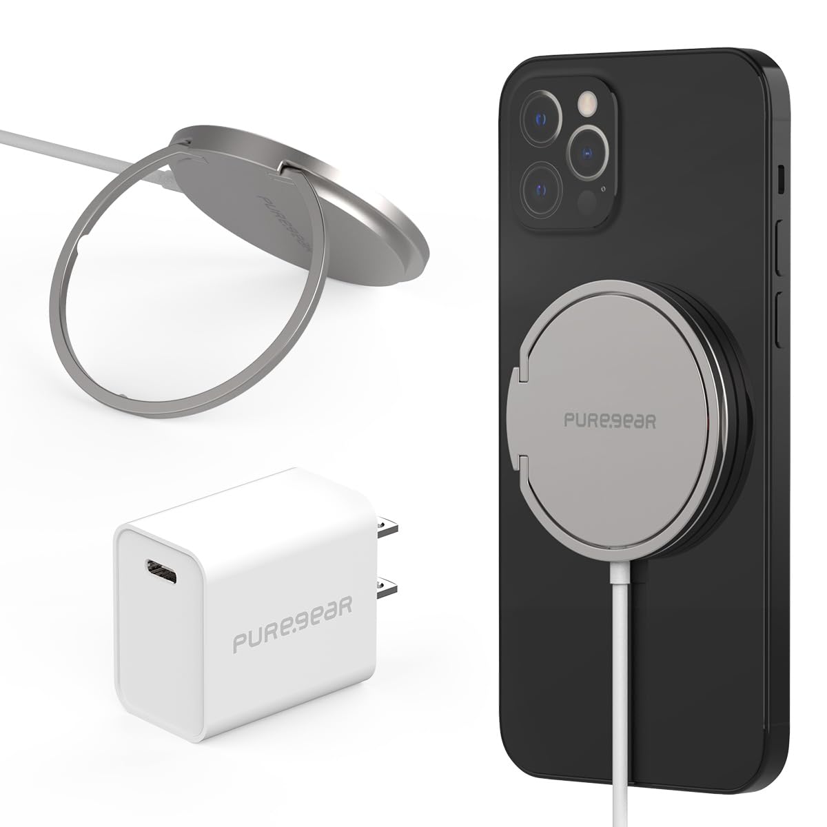PureGear Kickstand 15W Qi-Certified Fast Magnetic Wireless Charging Pad for iPhone 15/15Pro/15ProMax/14/13/12 Series Work with MagSafe Case