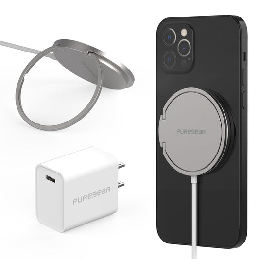 PureGear Kickstand 15W Qi-Certified Fast Magnetic Wireless Charging Pad for iPhone 15/15Pro/15ProMax/14/13/12 Series Work with MagSafe Case
