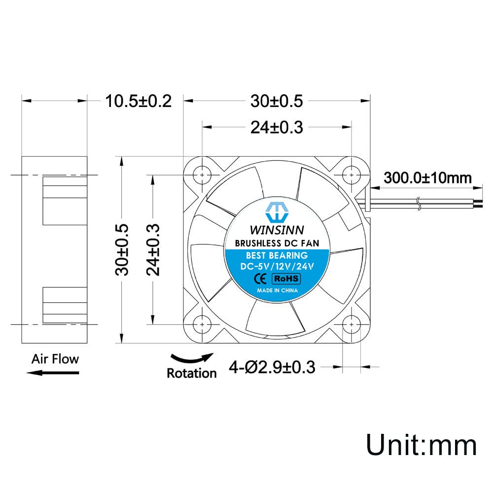 WINSINN 30mm 24V Fan - Hydraulic Bearing, 10000 RPM, 3010 Cooling Fan for Industrial Equipment, 30cm Cable with XH2.54-2PIN, Brushless 30x10mm (5Pcs)