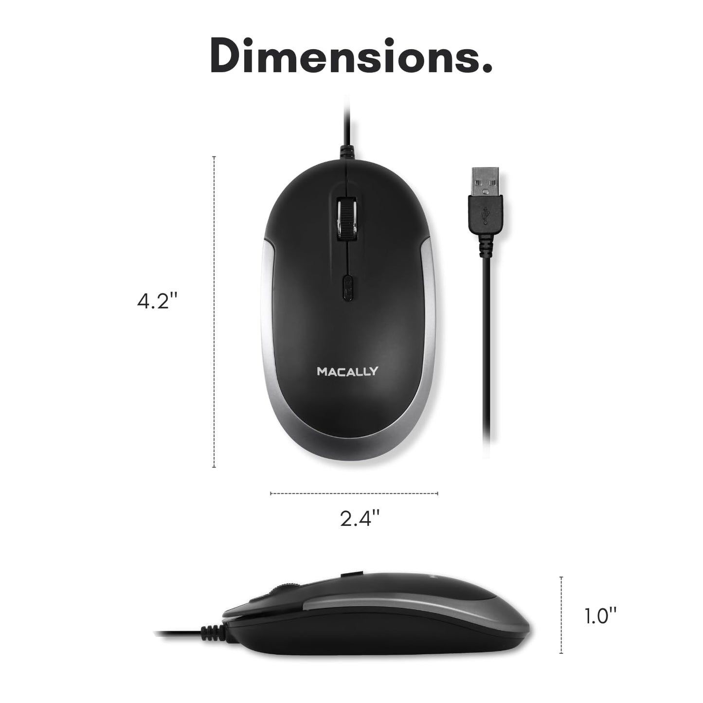 Macally Silent Wired Mouse - Slim & Compact USB Mouse for Apple Mac or Windows PC Laptop/Desktop - Designed with Optical Sensor & DPI Switch - Simple
