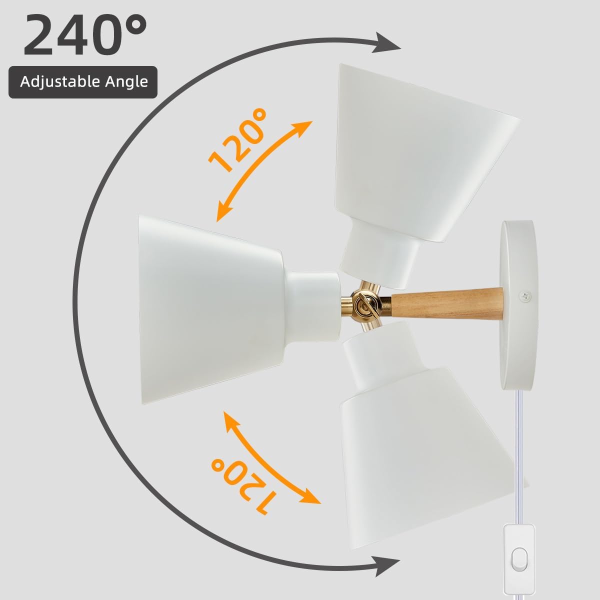 ClanKin Plug in Wall Sconces Lighting Set of 2, White Wood Style Wall Sconce Reading Lamp, Adjustable Wall Light for Bedroom Hallway Living Room (2