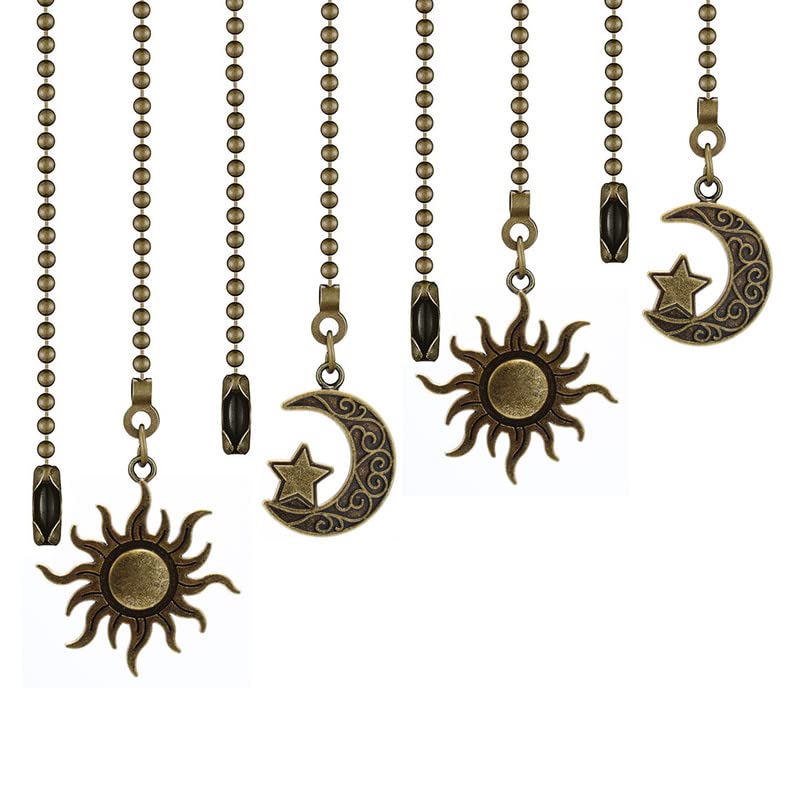 Ceiling Fan Pull Chain Set, 4 Piece Moon and Sun Pattern Pull Chain Extension Fan Pull Chain Pendant 12 Inch Ceiling Fan Chain Extender with Ball Fan
