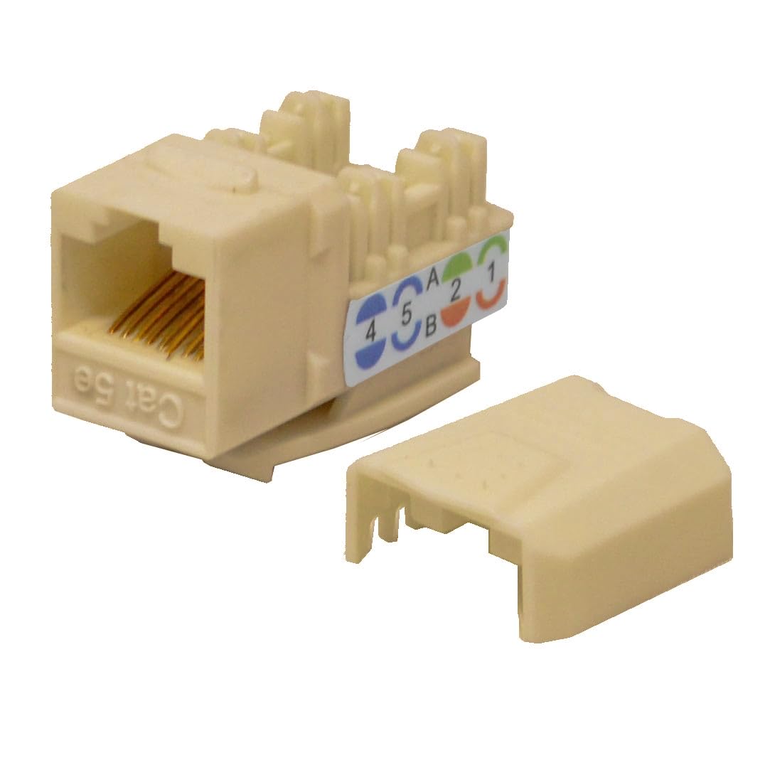 Best 50 Pack Cat5e Keystone Jacks Ivory with Dust Cap - 22-26 AWG PCB Female RJ45 Connectors for Network Ethernet Wall Jack Insert | Cat 5e 110 Punch
