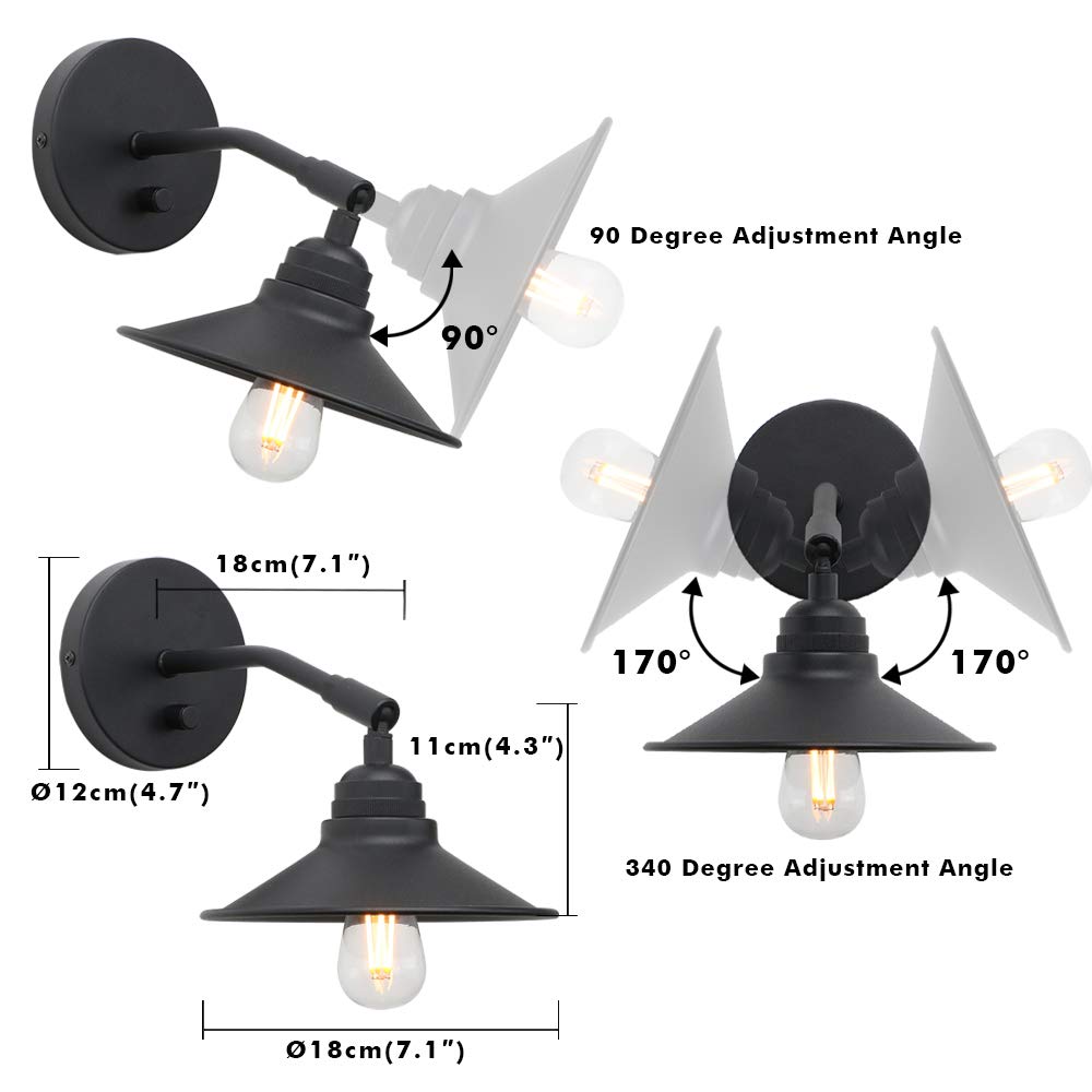 Yosoan Set of 2 Indoor Bedside Wall Sconce with On Off Switch, Hardwired Vanity Vintage Wall Mount Light Fixture, 340 Degree Angle with 7.1" Matte