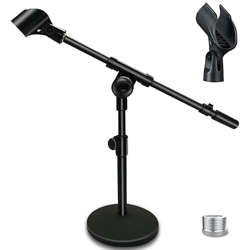 Mictop Adjustable Desktop Mic Stand, Desk Stand Tabletop Table Top Microphone Stand with Mic Clip for Handheld Microphone, Boom Arm, 5/8" Male to 3/8"