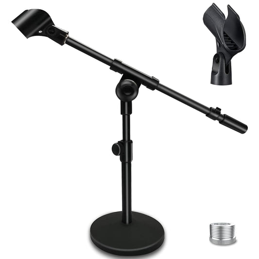 Mictop Adjustable Desktop Mic Stand, Desk Stand Tabletop Table Top Microphone Stand with Mic Clip for Handheld Microphone, Boom Arm, 5/8" Male to 3/8"