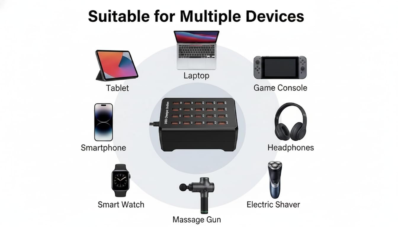 20 Port USB Charging Station, 100W (20A) Multifunctional Smart Charger, USB A Charging Block, Multiple Device Chargers, Compatible