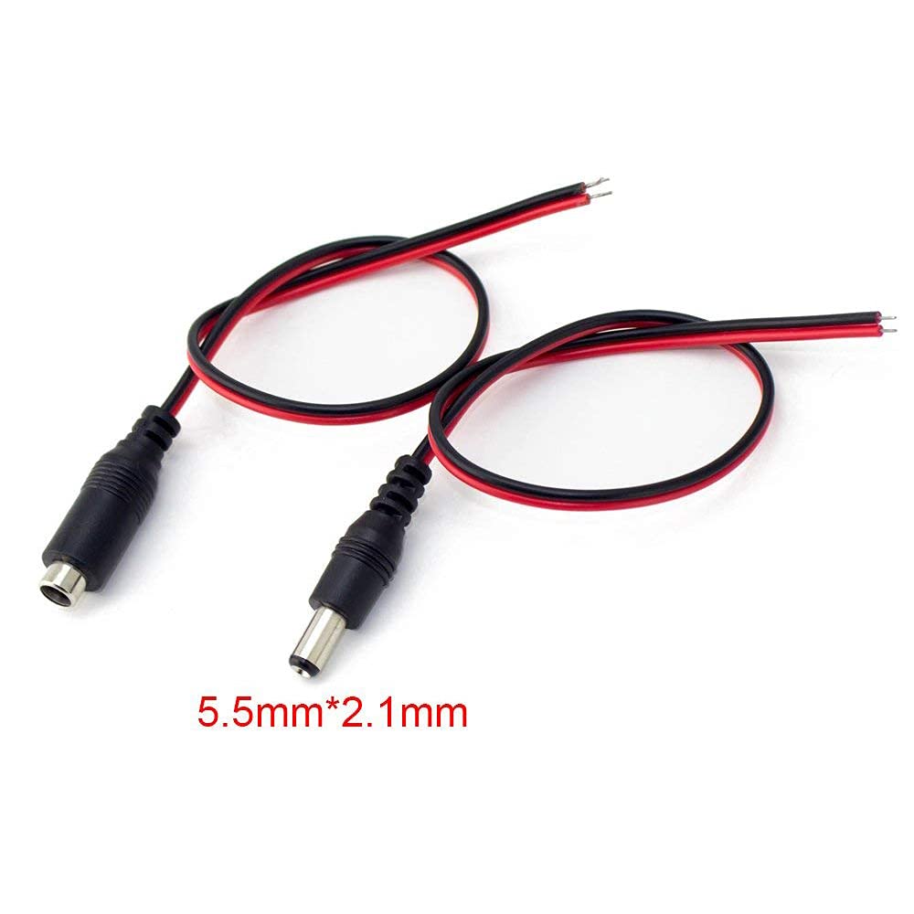 (Real 18AWG 43x2pcs Copper Strands) 10 Pairs DC Power Pigtail Cables Wire 12V 5A Male & Female + 10 Pairs DC Power Jack Plug Adapter Connectors