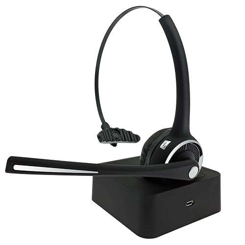 EMHFLYFN Trucker Bluetooth Headset with Microphone Noise Cancelling, V5.0 Wireless Headset with Charging Base 17 Hrs Talk Time, Black