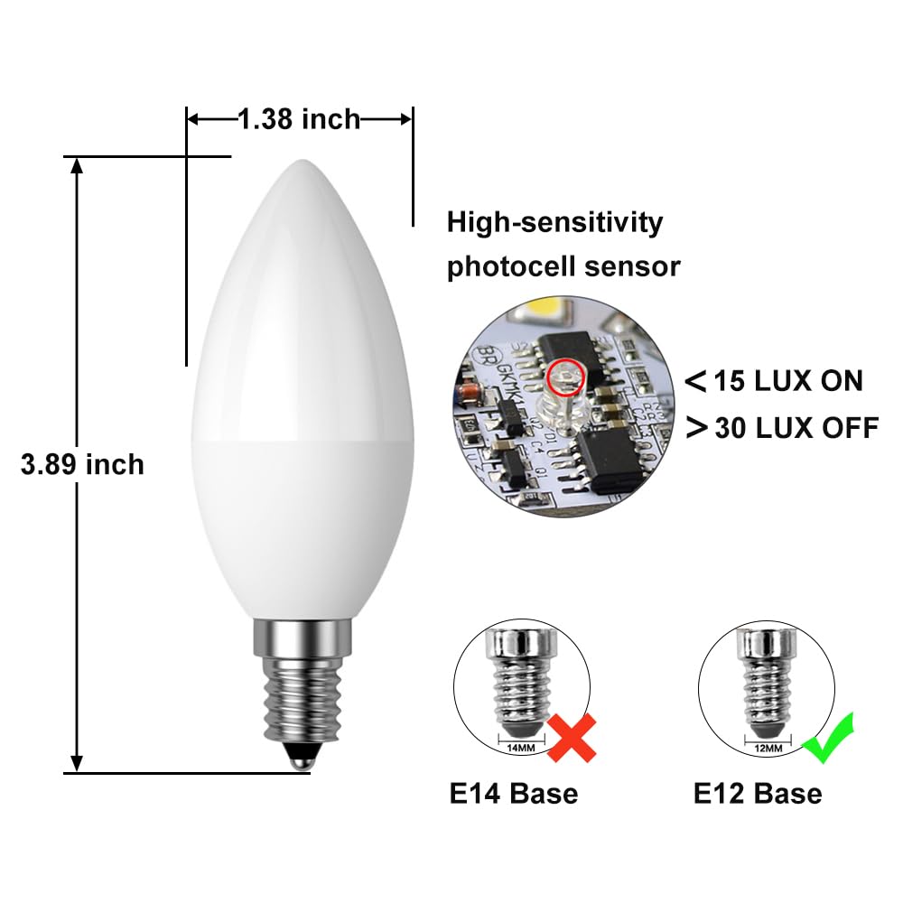 Dusk to Dawn Light Bulb, E12 Candelabra Light Sensing LED Bulbs Auto On/Off 5W 400LM Cold White 6000K for Home Outdoor Yard Porch Patio Garage