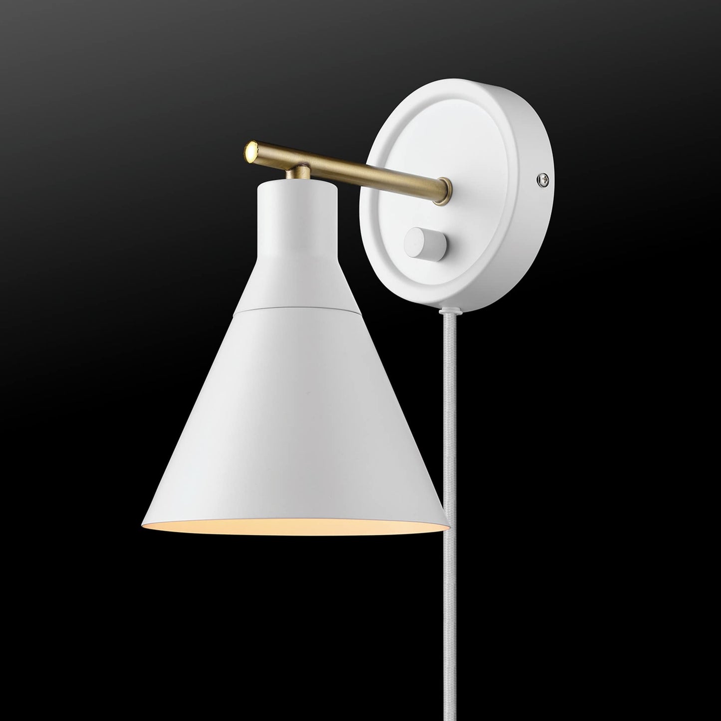 Globe Electric 65542 1-Light Plug-in or Hardwire Wall Sconce, Matte White, Brass Accent, Stepless Dimming Rotary Switch, Fabric Cord, Modern Lighting