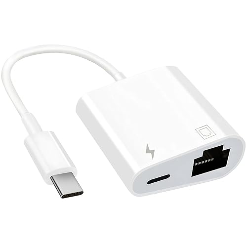 DICKMITH USB C to Ethernet Adapter 2 in 1 USB C to RJ45 Adapter with Type C PD Charging Port Compatible with iPhone16/Android/MacBook Supports 100Mbps