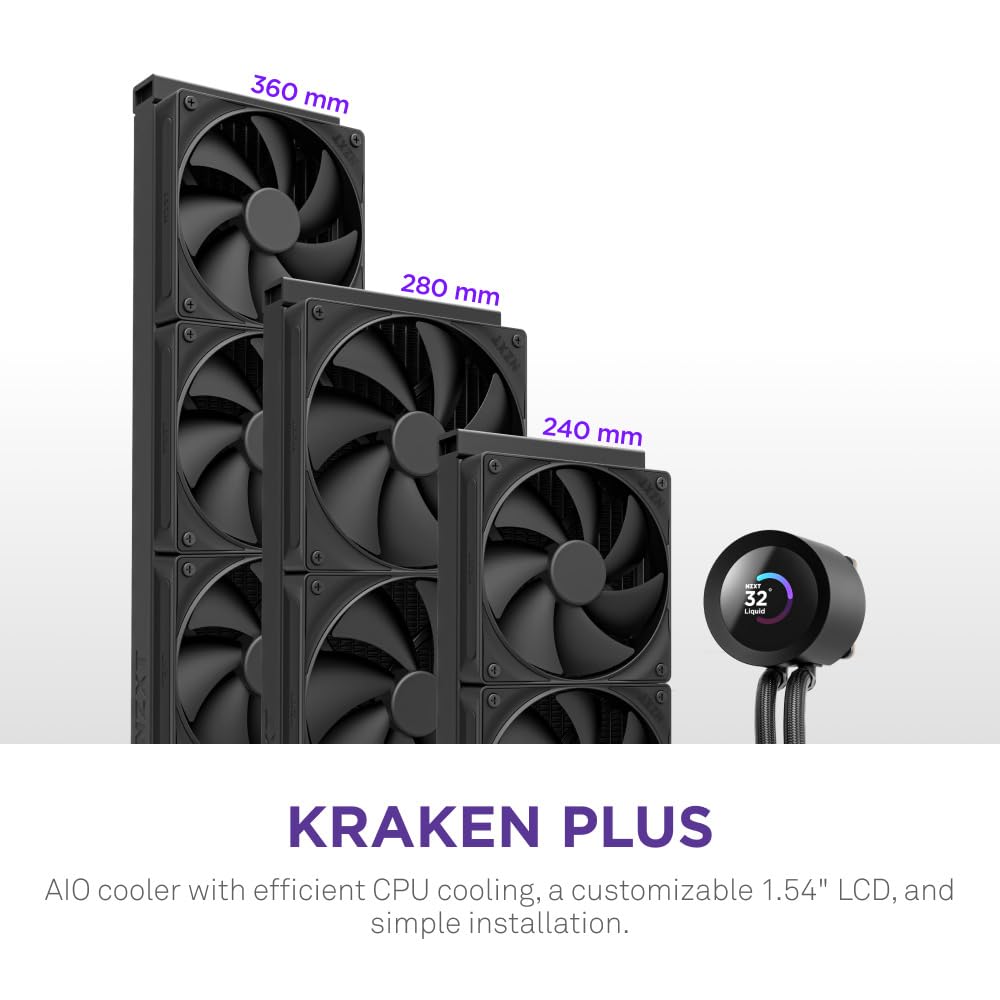NZXT Kraken Plus 360 - AIO CPU Liquid Cooler - 360mm Radiator - 3 x F120P Fans - Customizable 1.54" Square LCD - AMD® AM5, AM4 - Intel® LGA 1851/1700