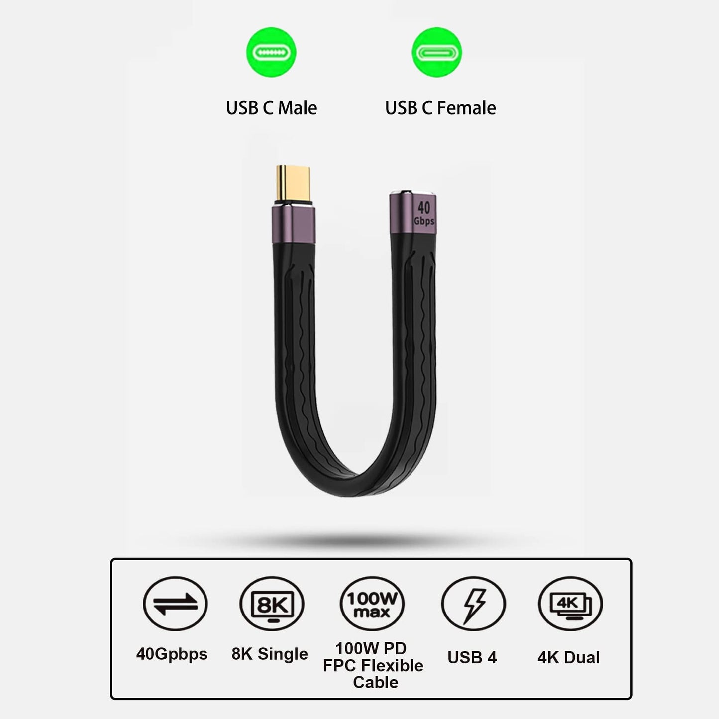 YoungSelly USB C Female to USB C Male Cable,USB4 / Thunderbolt 4 Cable 100W,40Gbps Data Transfer Sync, Short USB C Cable Supports 8K Display