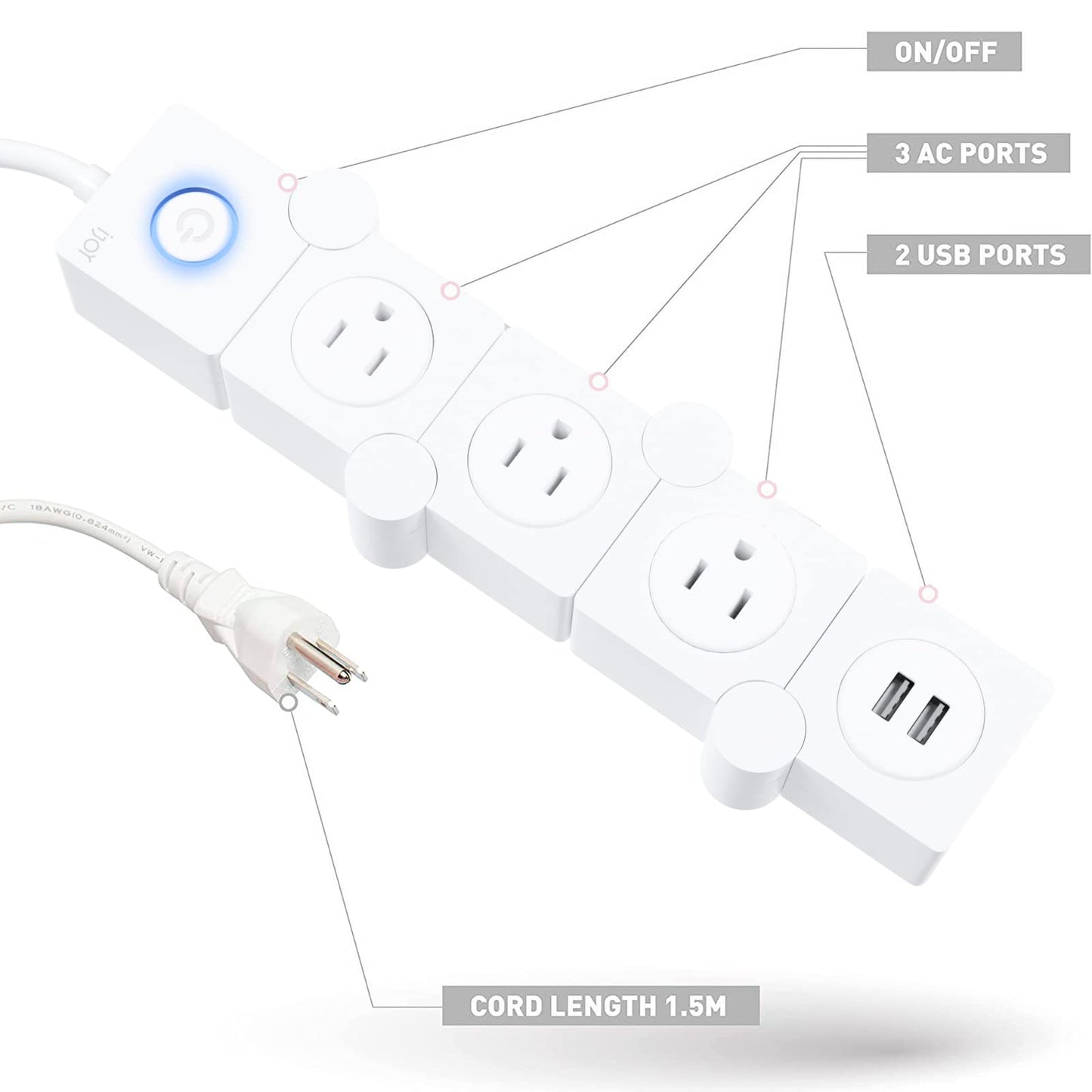 iJoy Flexible Power Strip - 3 AC Outlets and 2 USB Charging Ports with 5 Ft Extension Cord, Power Strip Surge Protector White, Decorative Surge