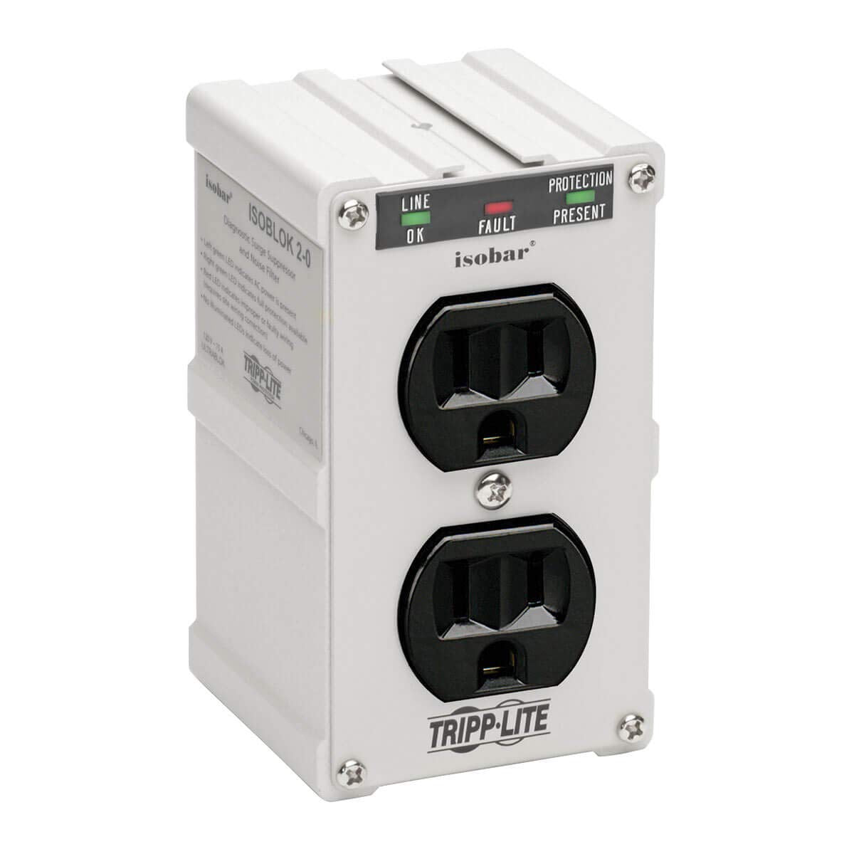 Tripp Lite Isobar ISOBLOK2-0 Heavy Duty Outlet Extender, Wall Power Strip Surge Protector, 2 Outlets, Direct Plug-in, White, Metal Power Strip