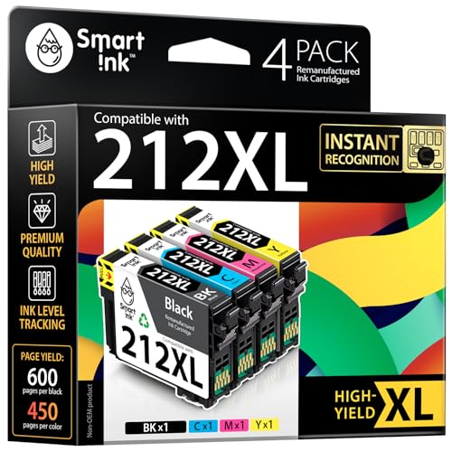Smart Ink Remanufactured Ink Cartridges Replacement for Epson 212 212XL T212 XL (Black and Cyan/Magenta/Yellow) for Epson Workforce Series WF-2830