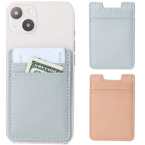 2Pack Phone Wallet,Leather Phone Card Holder Adhesive Stick On Credit Card Pocket for Back of Phone Case iPhone and Android-Pink,Blue