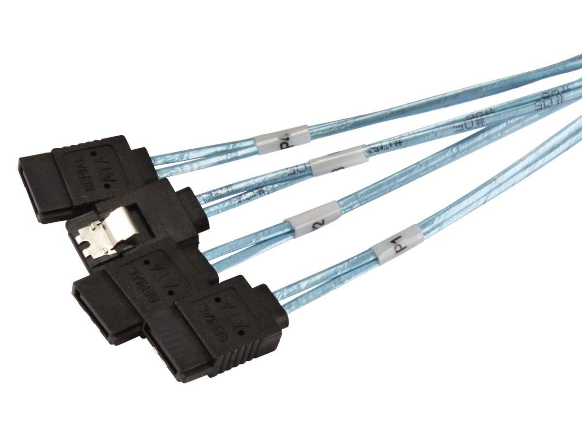Monoprice 0.5m 30AWG Internal Mini SAS 36pin (SFF-8087) Male w/ Latch to SATA 7pin Female (x4) Forward Breakout Cable - Black