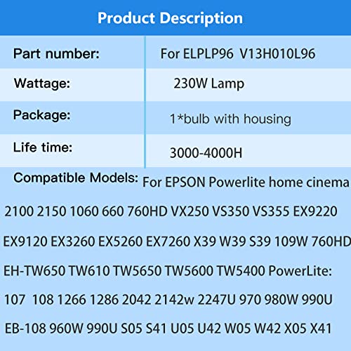 LBTbate Suitable for ELPLP96 Replacement Projector Bulb for Epson Powerlite Home Cinema 2150 1060 660 760hd 2100 X39 W39 S39 109W VS250 VS350 VS355