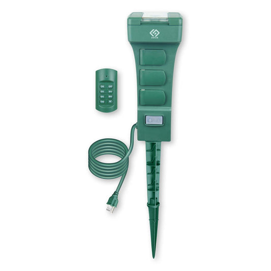 Outdoor Remote Control Power Stake with Photocell Timer 2/4/6/8 Hour Countdown, Dusk to Dawn, 6 Grounded Outlets 6FT Cord, UL Listed, Green