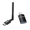 AC600 USB WiFi Adapter for PC Wireless USB Network Adapters Dual Band 2.4GHz? 5GHz?Supports Win11/10/8/7/XP, Bring USB C Adapter. Black