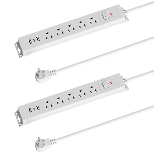 [2-Pack] 10 Ft Power Strip Surge Protector with USB Ports, Flat Plug Extension Cord, 5 AC Outlets and 3 USB Charging Ports, Wall Mountable - White