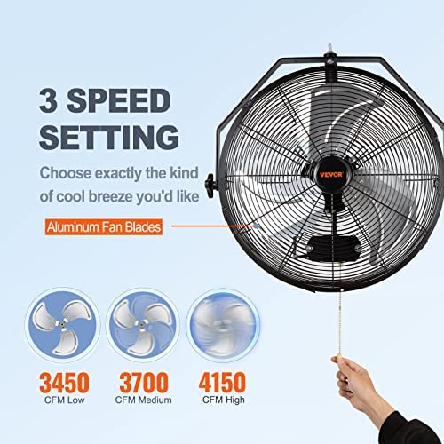 VEVOR 18 Inch Wall Mount Fan, 3-Speed IP44 Waterproof Industrial Fan, Max. 4150 CFM for Outdoor, Commercial, Residential, Greenhouse, Workshop, ETL
