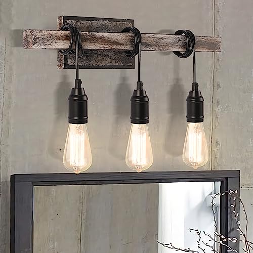 LMSOD 3 Lights Vintage Wall Sconce, Farmhouse Industrial Bare Bulb Wire Wrapped Wood Beam Linear Bathroom Vanity Light