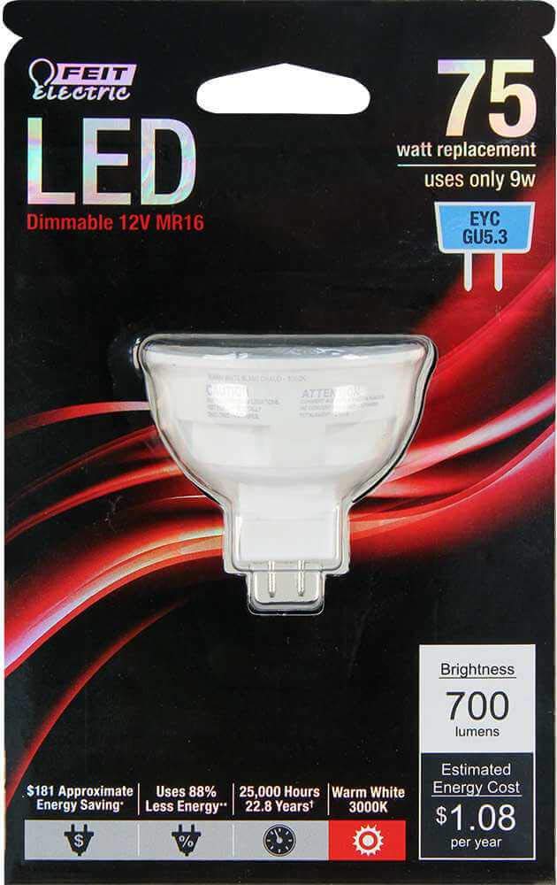 Feit Electric BPEYC/LED Dimmable LED Light Bulb, 12 Volts, 9 Watts, 700 Lumens, MR16 Bulb Shape, GU5.3 Base, MOL 1.78" H x 1.97" D, 3000K Warm White
