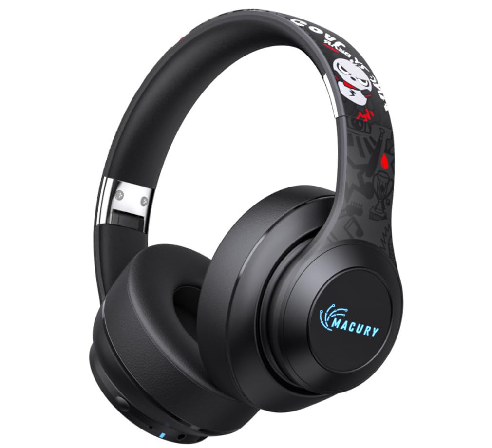 Macury Bluetooth Headphone, Over Ear, Foldable, Adjustable. Glowing Led Light, Noise Cancelling, HiFi Sound Quality (Black)