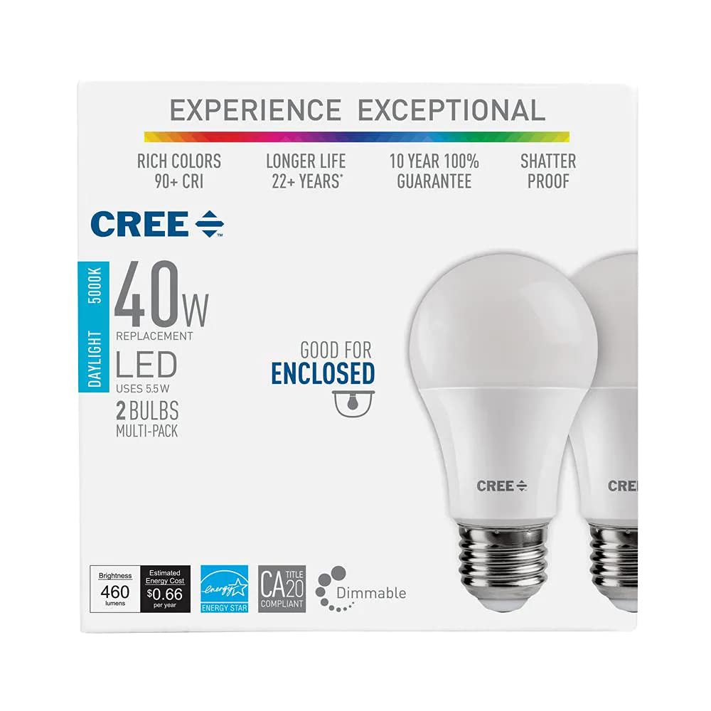 Cree Lighting Exceptional Series A19 Bulb, 5000K Dimmable LED Bulb, 40W + 460 Lumens, Daylight, 2 Pack