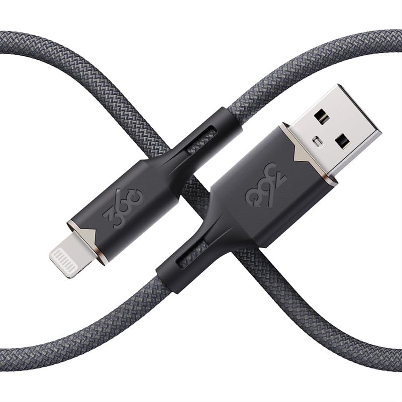 360 Electrical Fluid USB-A to Lightning Charger Cable, Mfi Certified Charger for Apple iPhone 14 13 12 11 X, iPad, 5 Foot, Granite