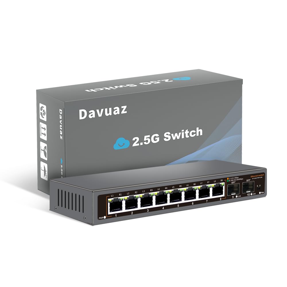 Davuaz 8-Port 2.5G Unmanaged Ethernet Switch, 8×2.5G Base-T Ports, 2×10G SFP+ Uplink, Supports 100/1000/2500Mbps, Fanless Metal Casing, Plug & Play