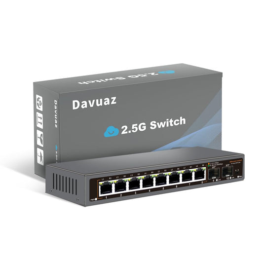 Davuaz 8-Port 2.5G Unmanaged Ethernet Switch, 8×2.5G Base-T Ports, 2×10G SFP+ Uplink, Supports 100/1000/2500Mbps, Fanless Metal Casing, Plug & Play