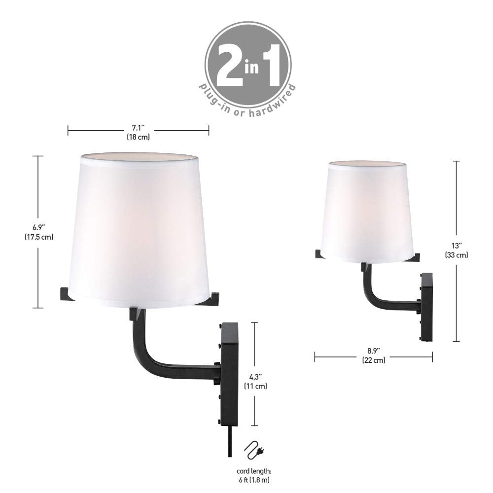 Globe Electric 51515 Valerie 1-Light Plug-in or Hardwire Wall Sconce, 6ft Black Fabric Covered Cord, Inline On/Off Rocker Switch, Dark Bronze