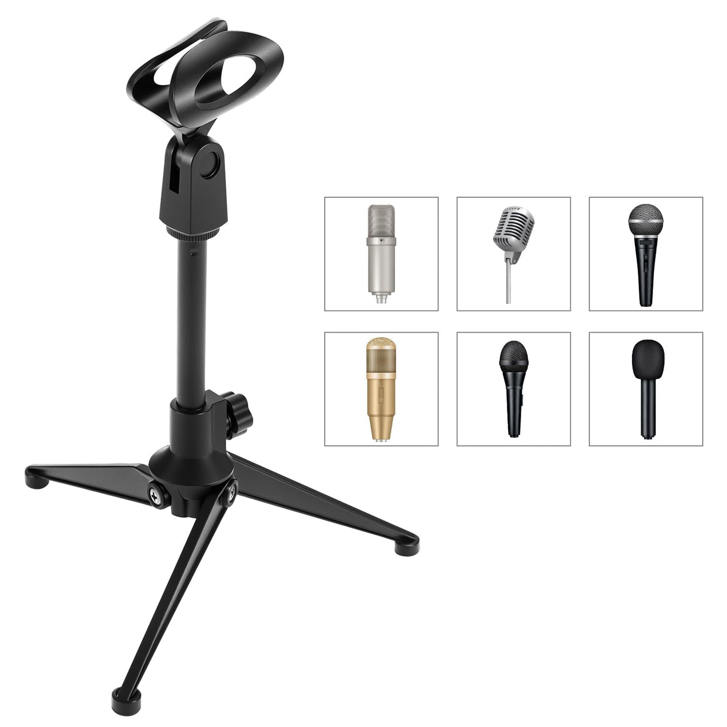 QWORK Desk Mic Stand, Foldable Desktop Microphone Tripod Stand, with 5/8" Male to 3/8" Female Adapter, for Dynamic & Condenser Mics
