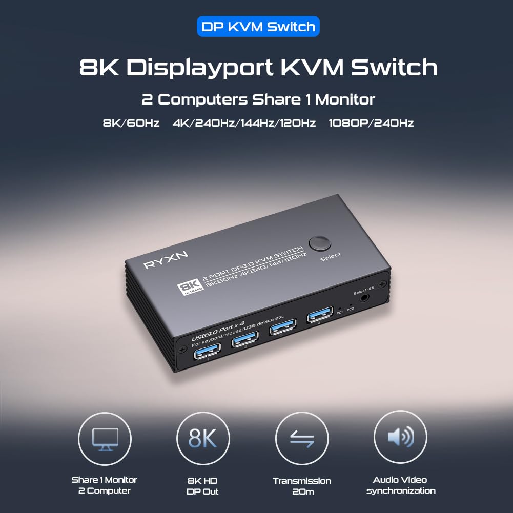 8K DP KVM Switch for 1 Monitor 2 Computers, DisplayPort 2.0 Share USB 3.0 Devices With 4 USB Hub, Support 8K@60Hz, 4K@240Hz/175Hz/144Hz, Extension
