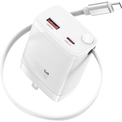 30W Retractable Wall Charger with USB C Cable 2.1FT, 2-Port USB Block 3 in 1 Travel Essentials,for iPhone Charger Fast Charging Plug for iPhone
