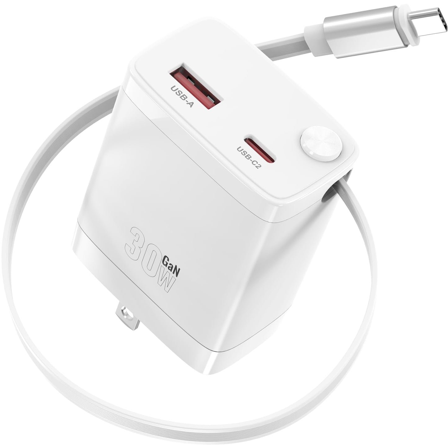 30W Retractable Wall Charger with USB C Cable 2.1FT, 2-Port USB Block 3 in 1 Travel Essentials,for iPhone Charger Fast Charging Plug for iPhone