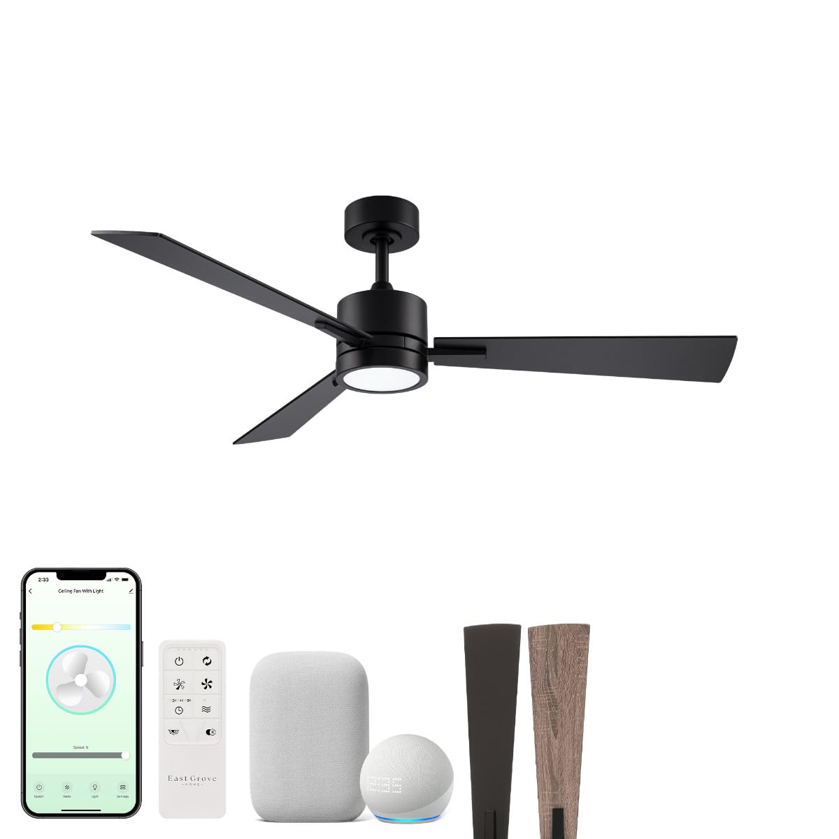 Bali 42in 3-Blade Smart Indoor or Outdoor Ceiling Fan 2700K-6000K CCT Tunable Range LED Light Kit in Matte Black with Reversible Black and Weathered