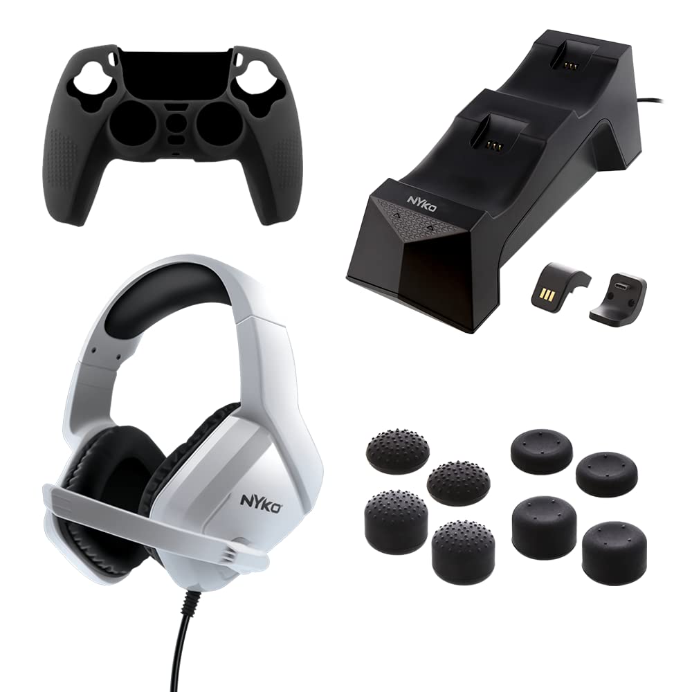 Deluxe Master Pak for PlayStation®5 | Dual Controller Charge Base | High Quality Wired Ergonomic Headset Designed for Over Ears | Silicone Grip